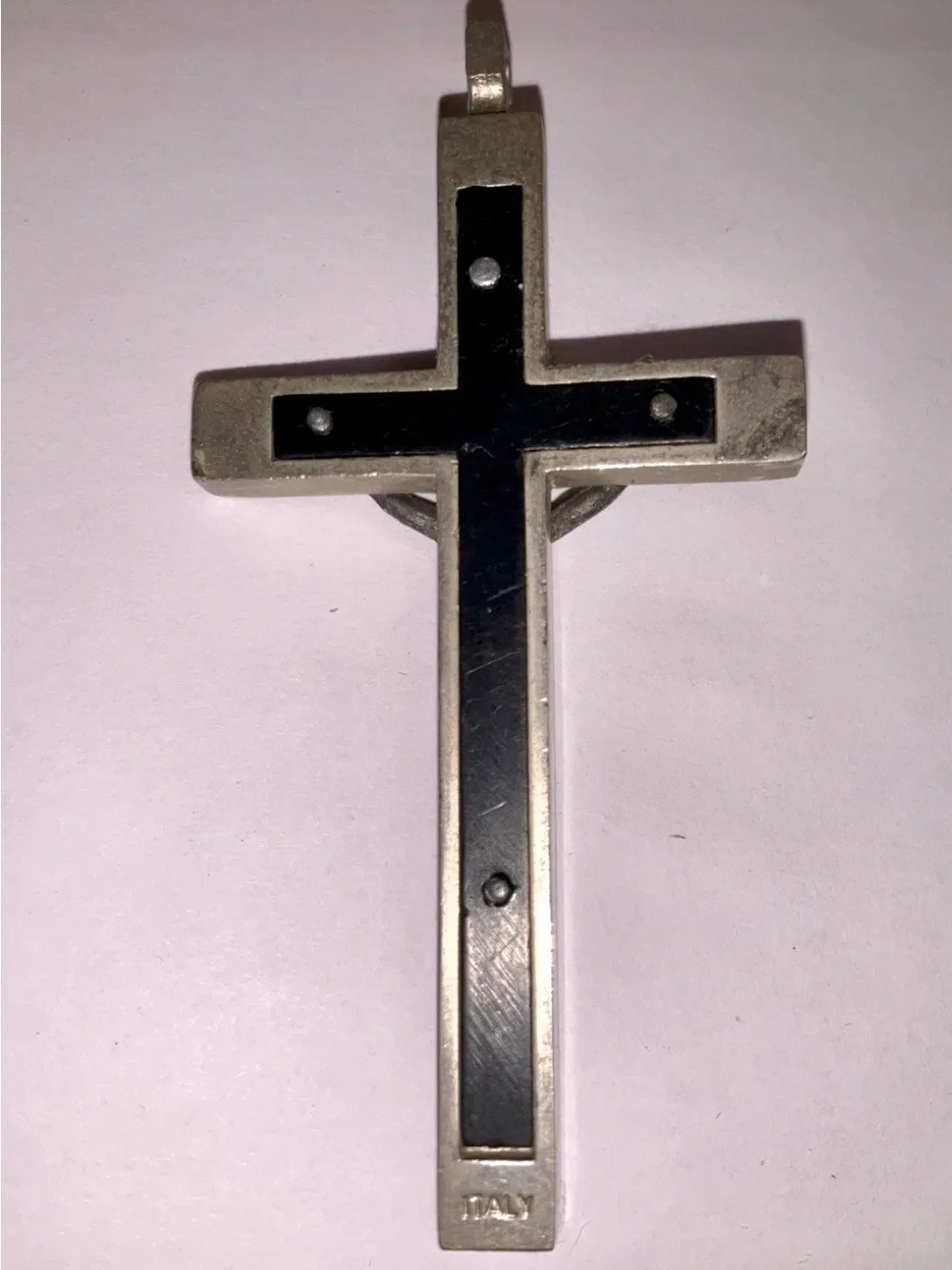 Vintage Italy Black Enamel Crucifix Cross Pendant Catholic Silver Tone 3.5”